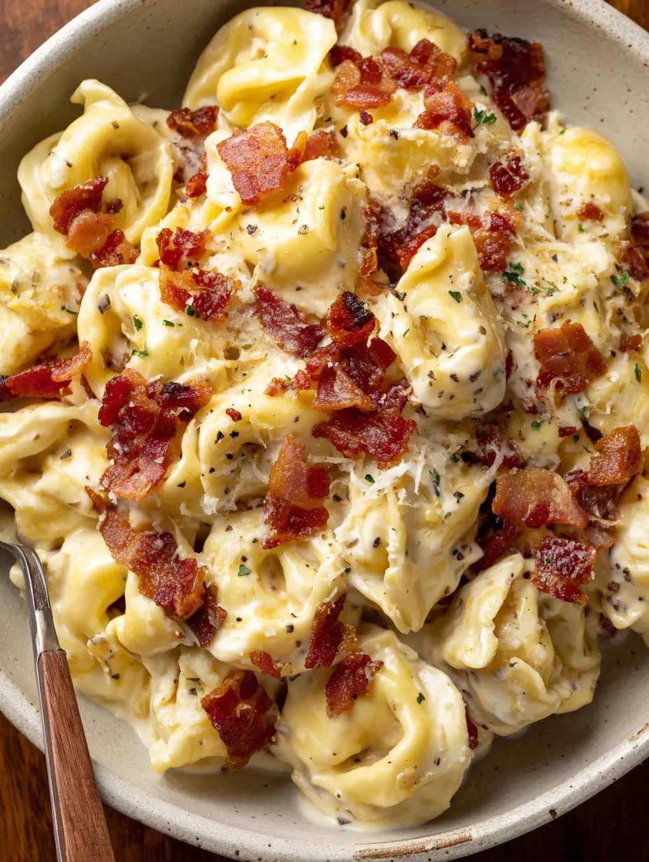 A bowl of pasta with bacon and cheese.