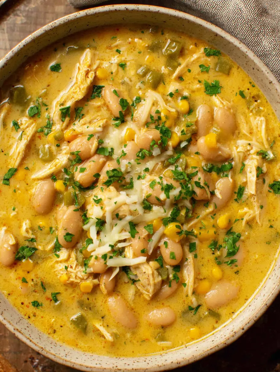 A bowl of chicken chili with white beans and corn.