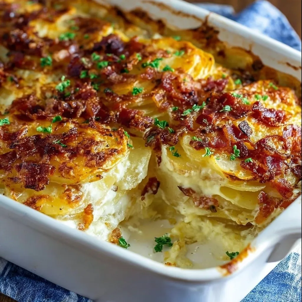 A dish of loaded scalloped potatoes.