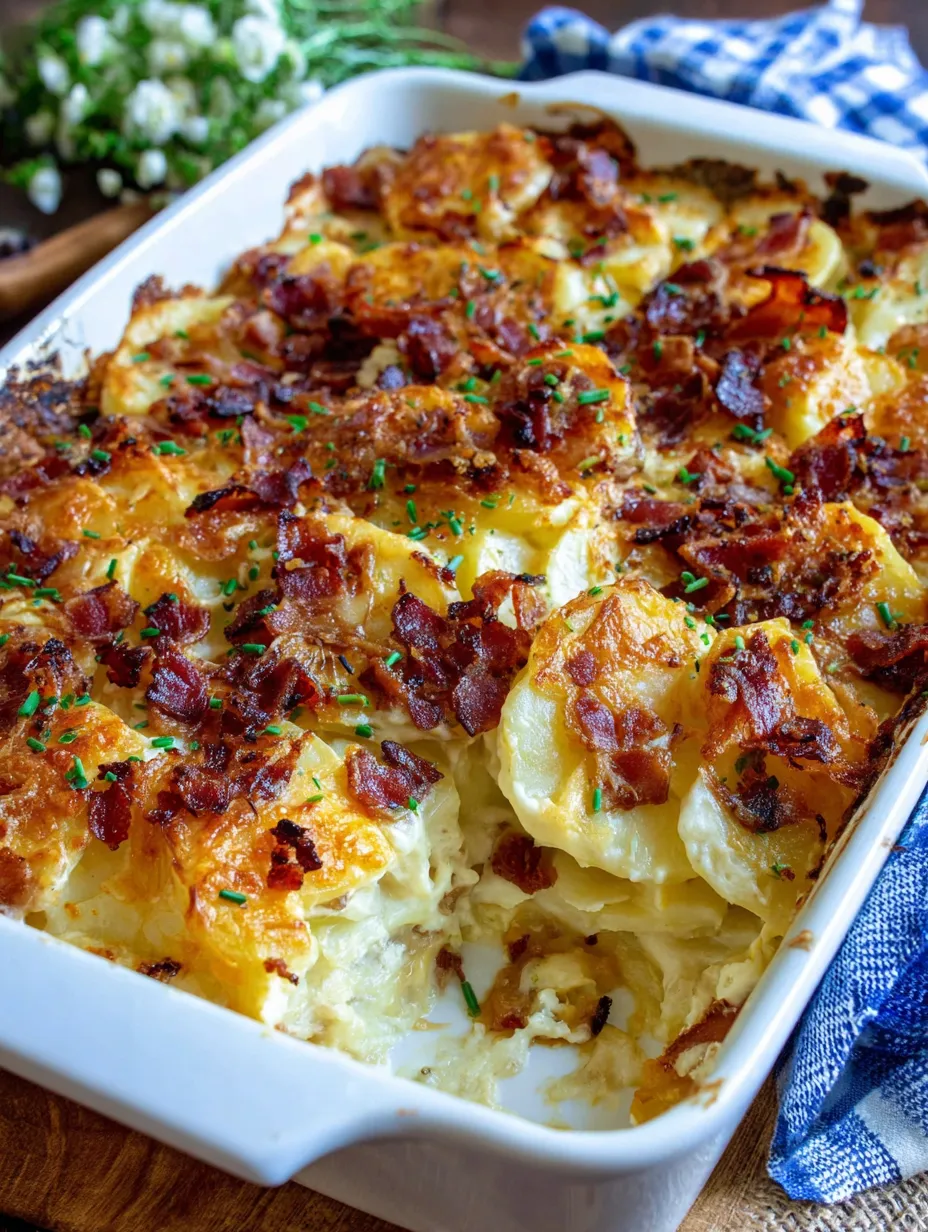 A white dish filled with bacon and cheese.