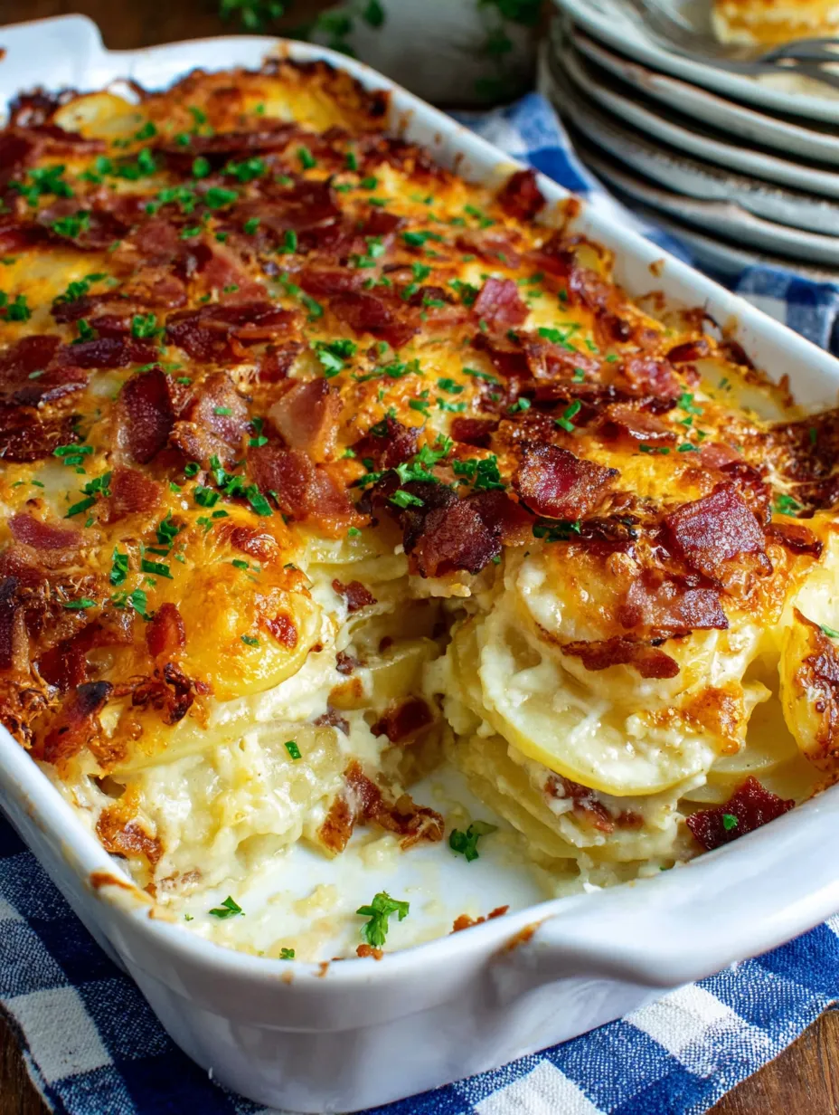 A dish of loaded scalloped potatoes.