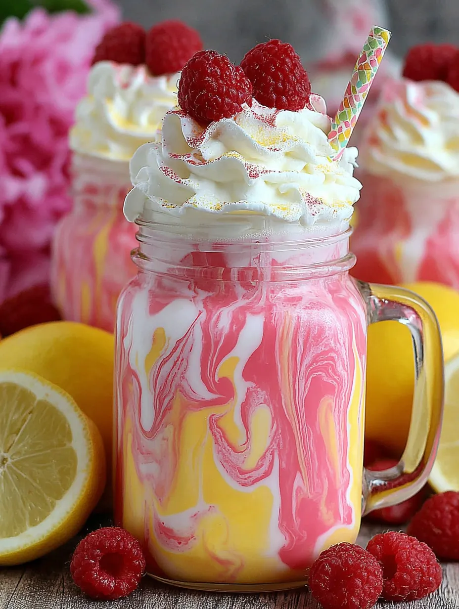 A glass of whipped pink lemonade with a straw.