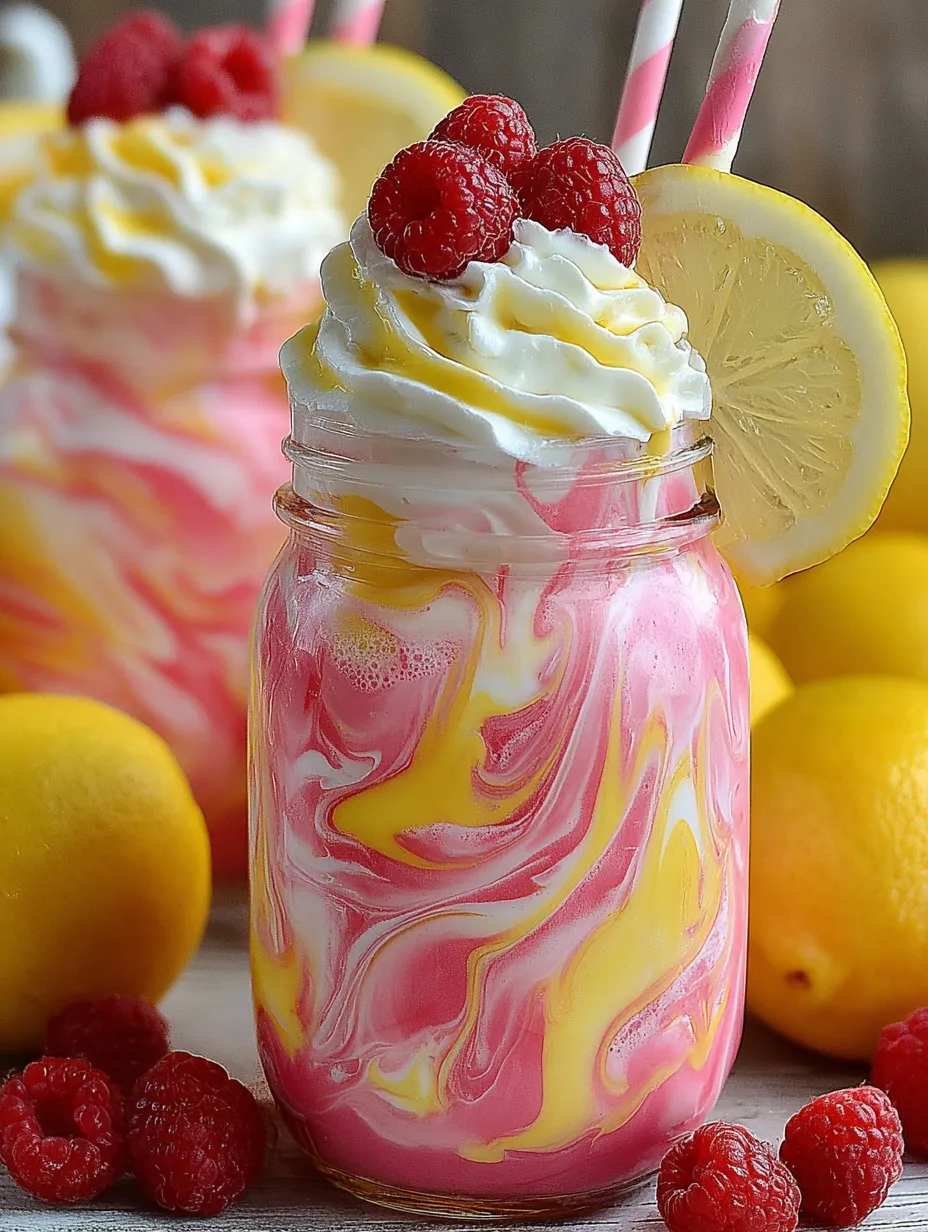 A glass of whipped pink lemonade with a lemon wedge on top.