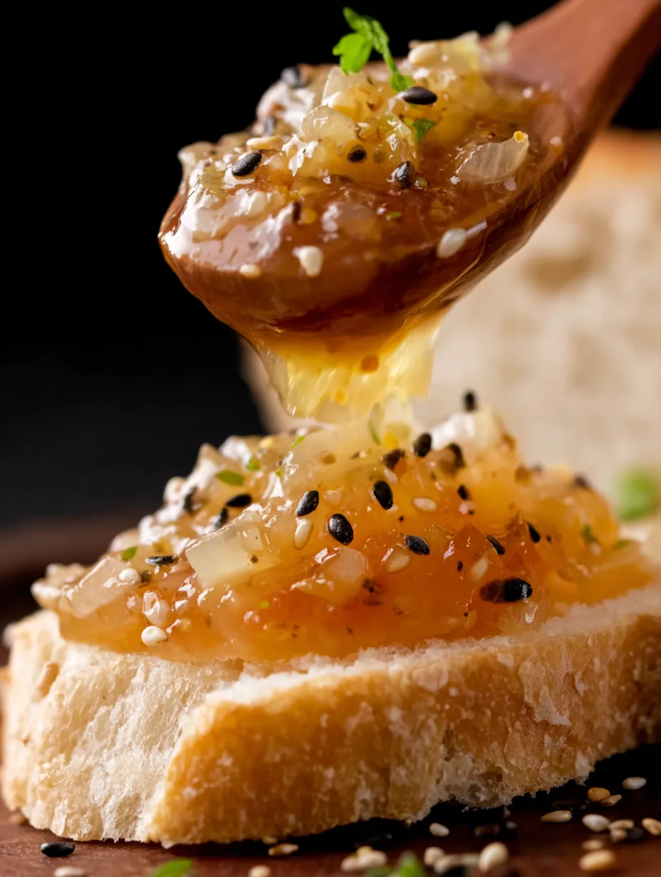 A spoonful of sweet onion sauce is being poured onto a piece of bread.