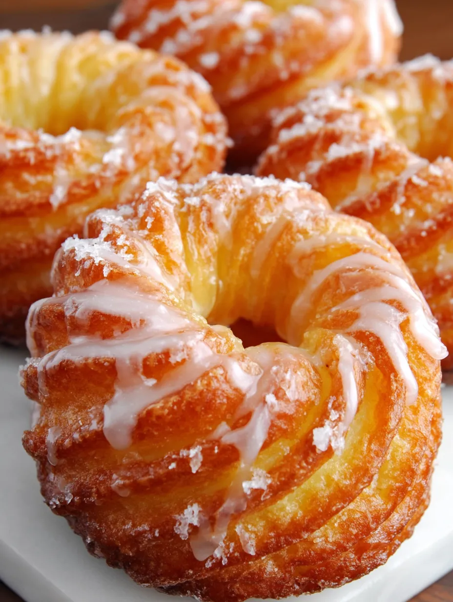 Three baked French cruller donuts with powdered sugar.