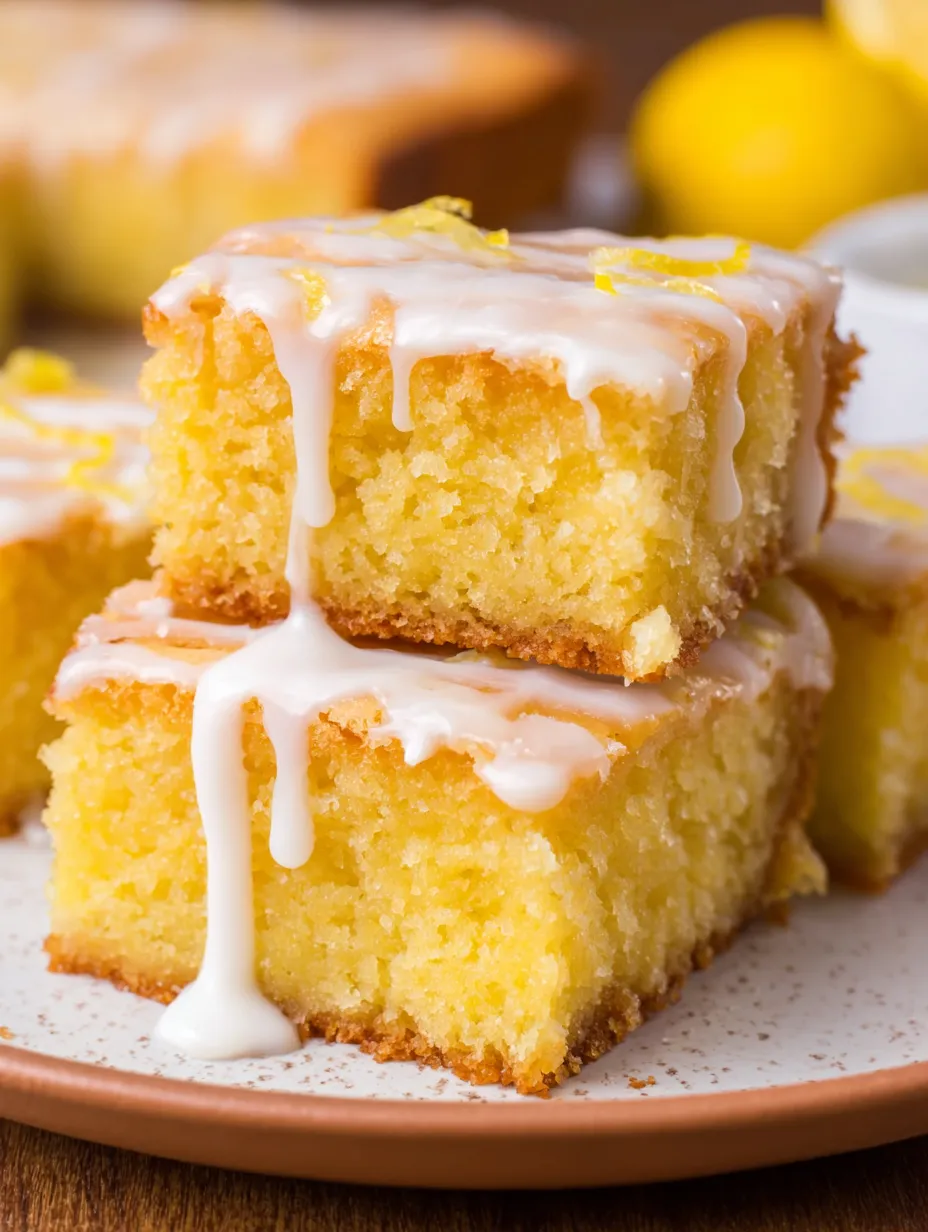 A plate of lemon cake with white icing.
