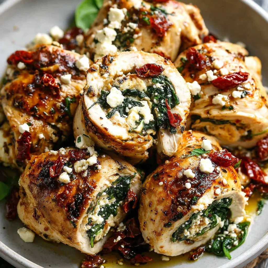 A plate of chicken with feta, spinach, and sun-dried tomatoes.