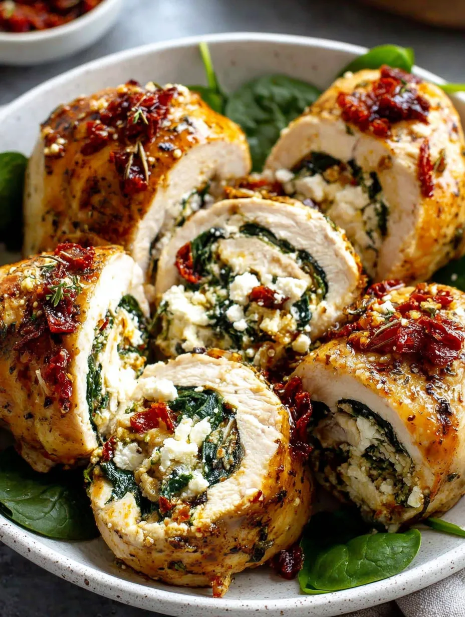 Rolled up chicken with feta, spinach, and sun-dried tomatoes.