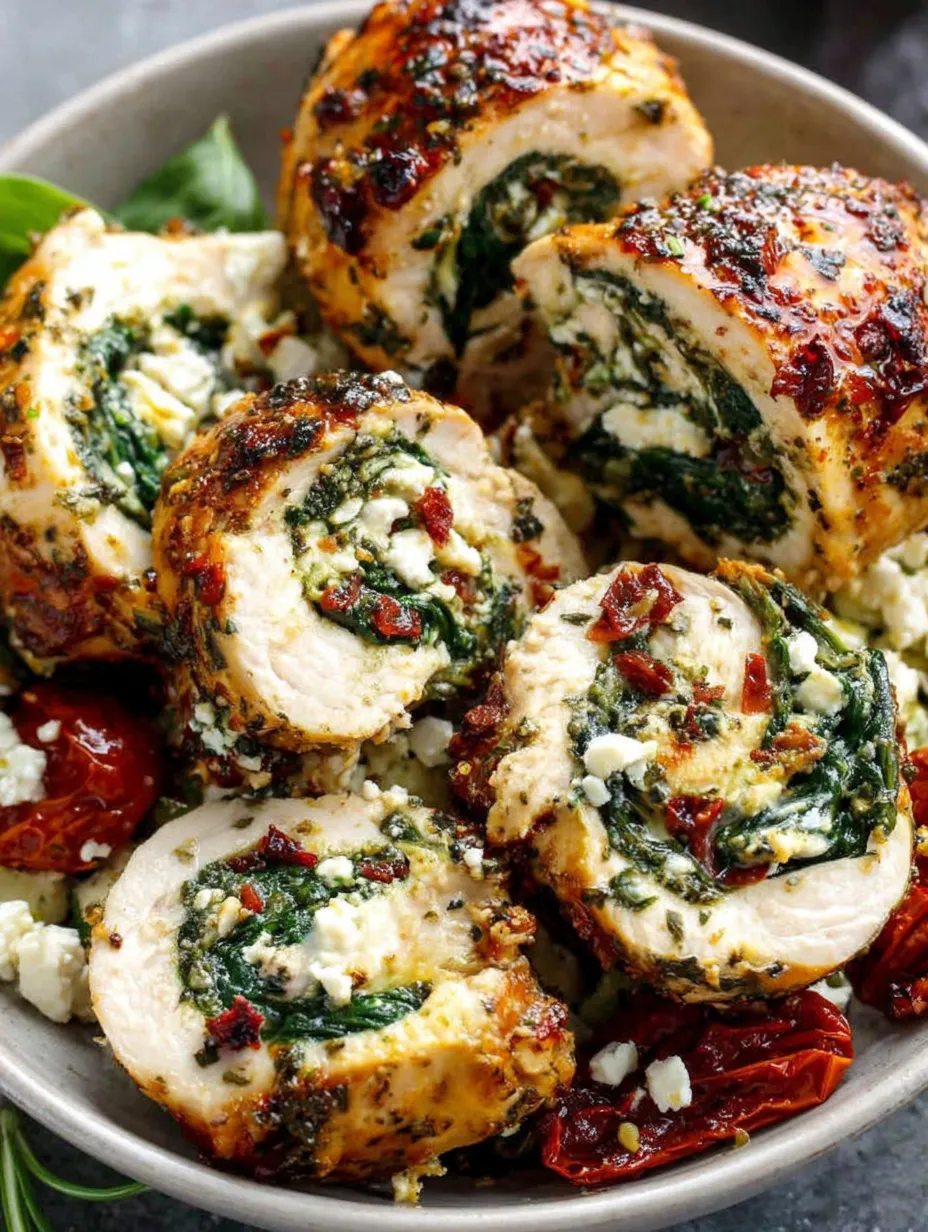 A plate of rolled up chicken with feta, spinach, and sun-dried tomatoes.