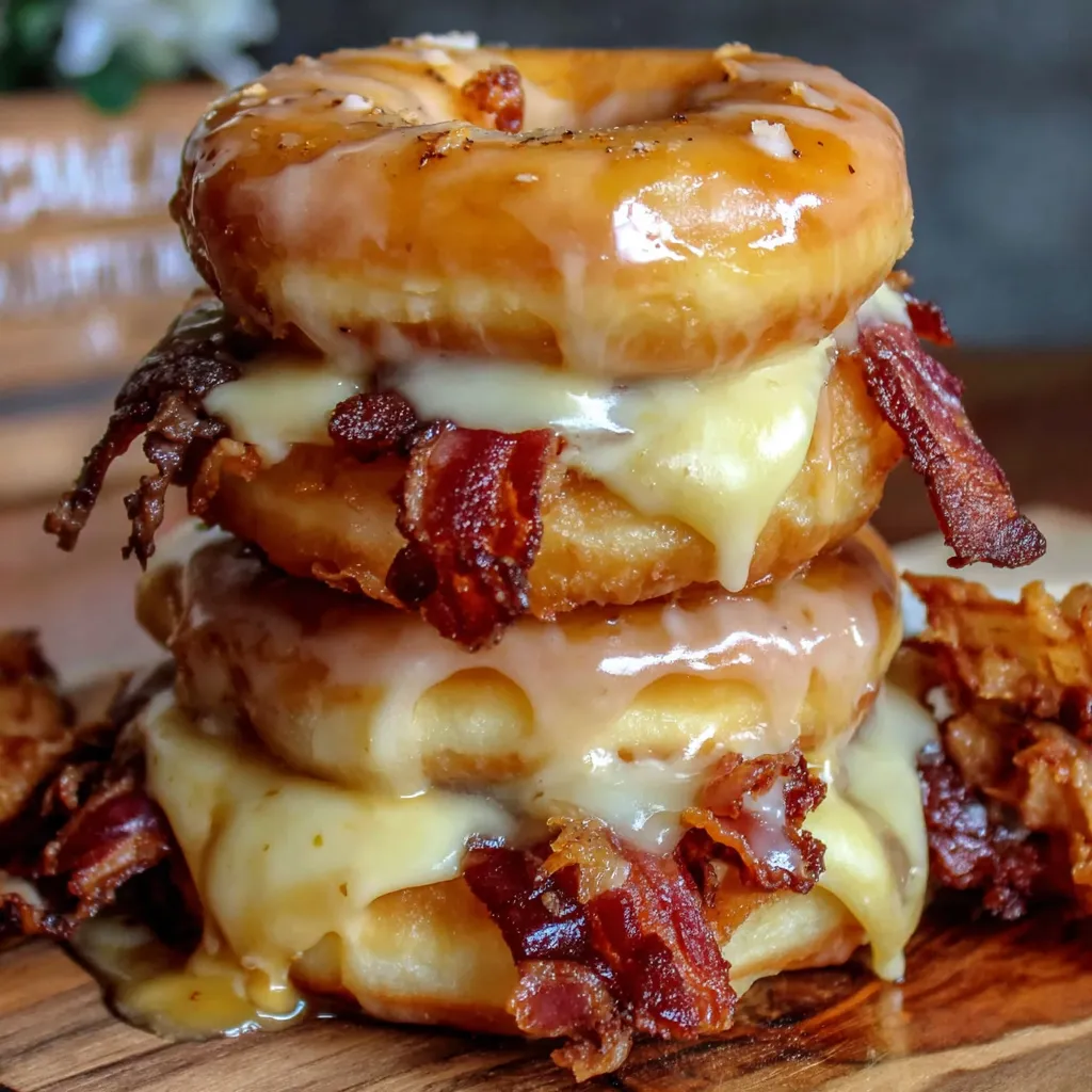 A stack of three donuts with bacon and maple toppings.