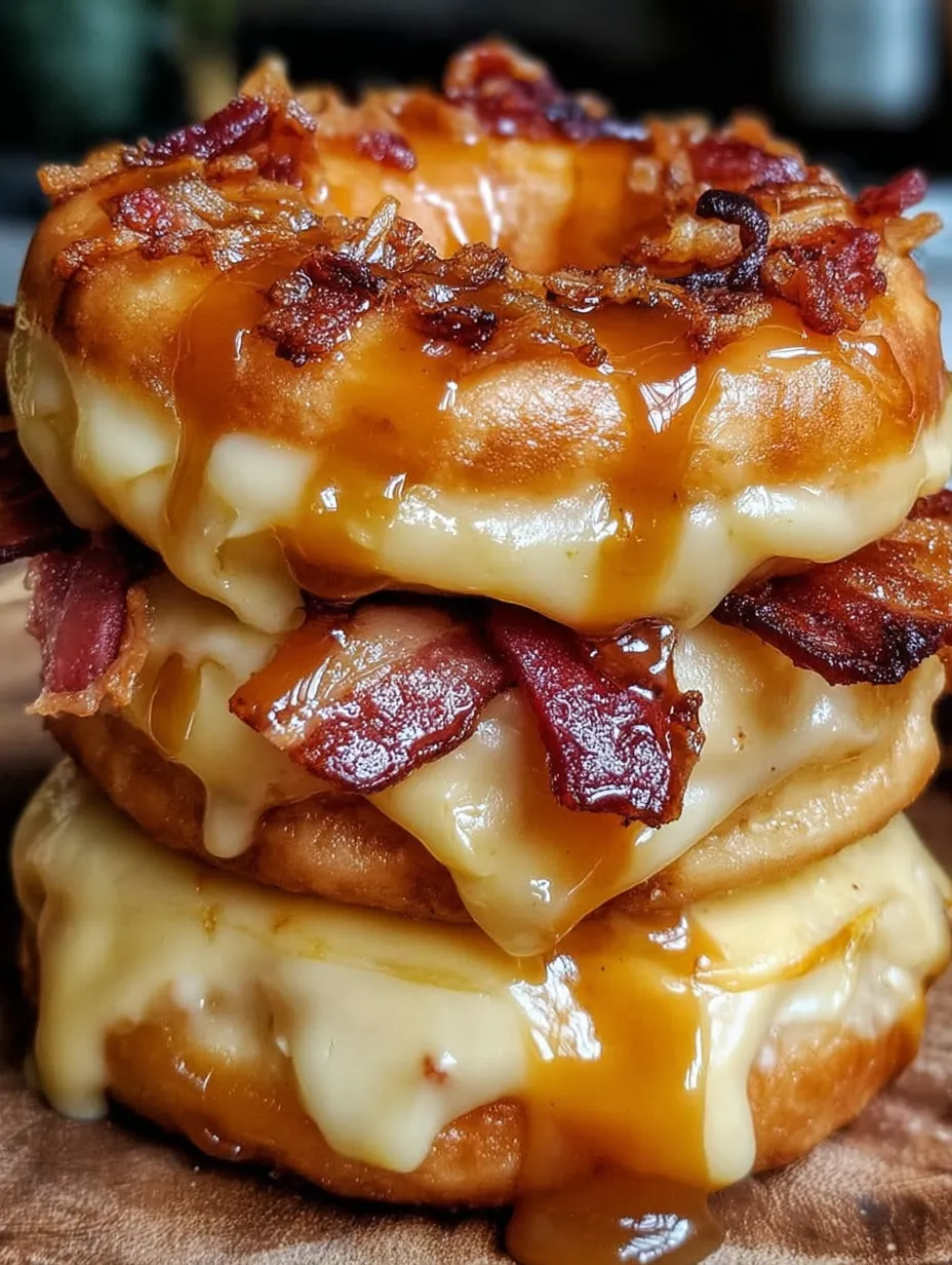 A stack of three grilled cheese donuts with bacon and maple.