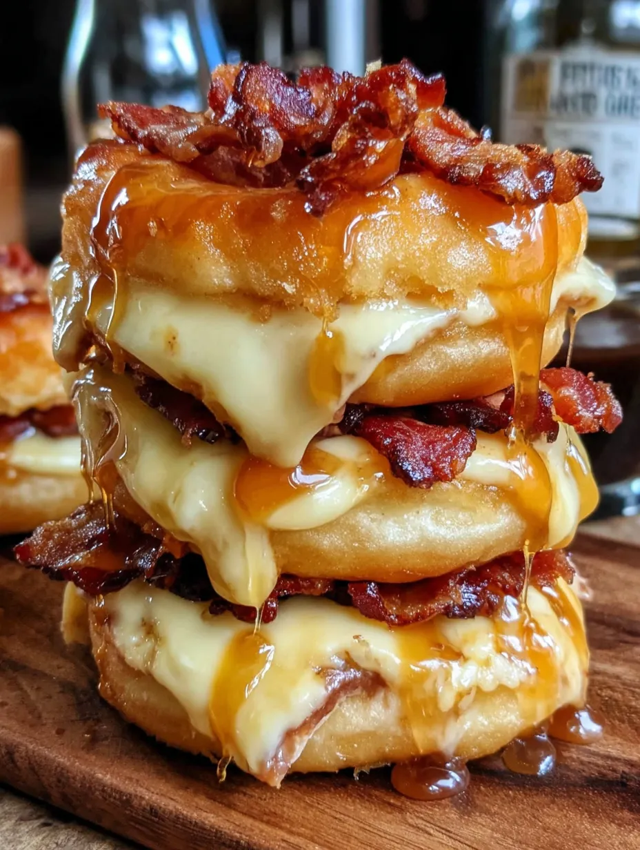 A stack of donuts with cheese and bacon on top.