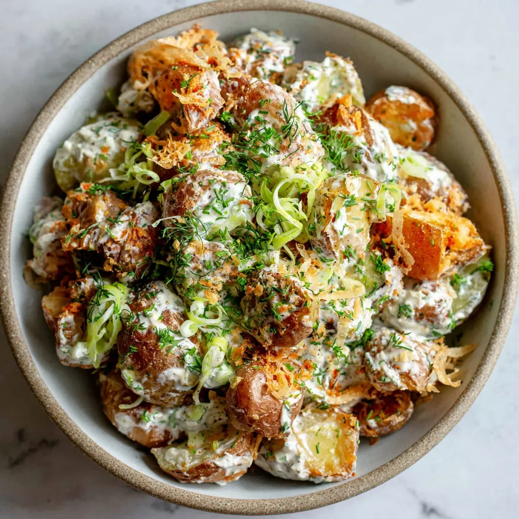 A bowl of crispy smashed potato salad.