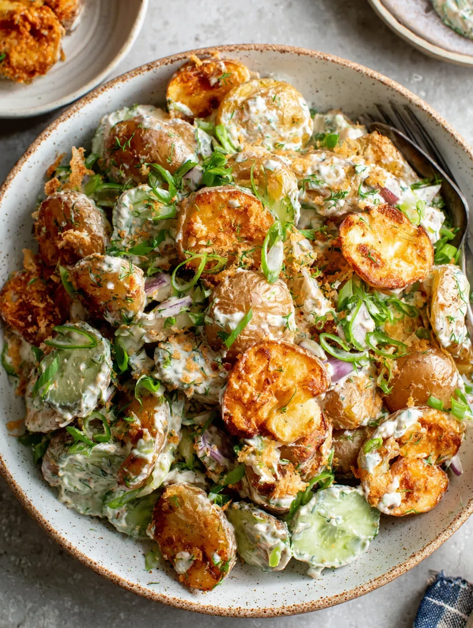 A bowl of crispy smashed potato salad.