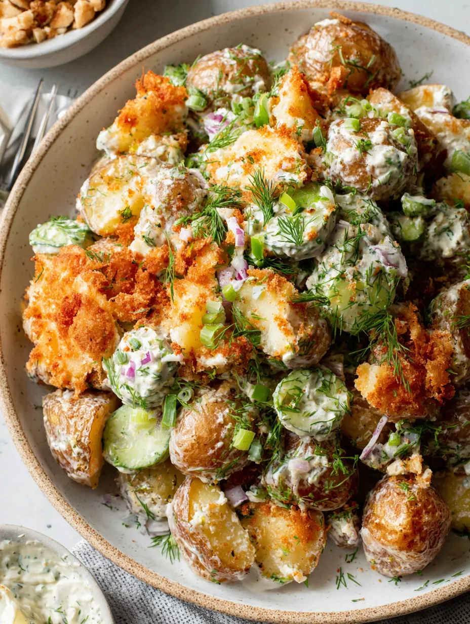A bowl of crispy smashed potato salad.