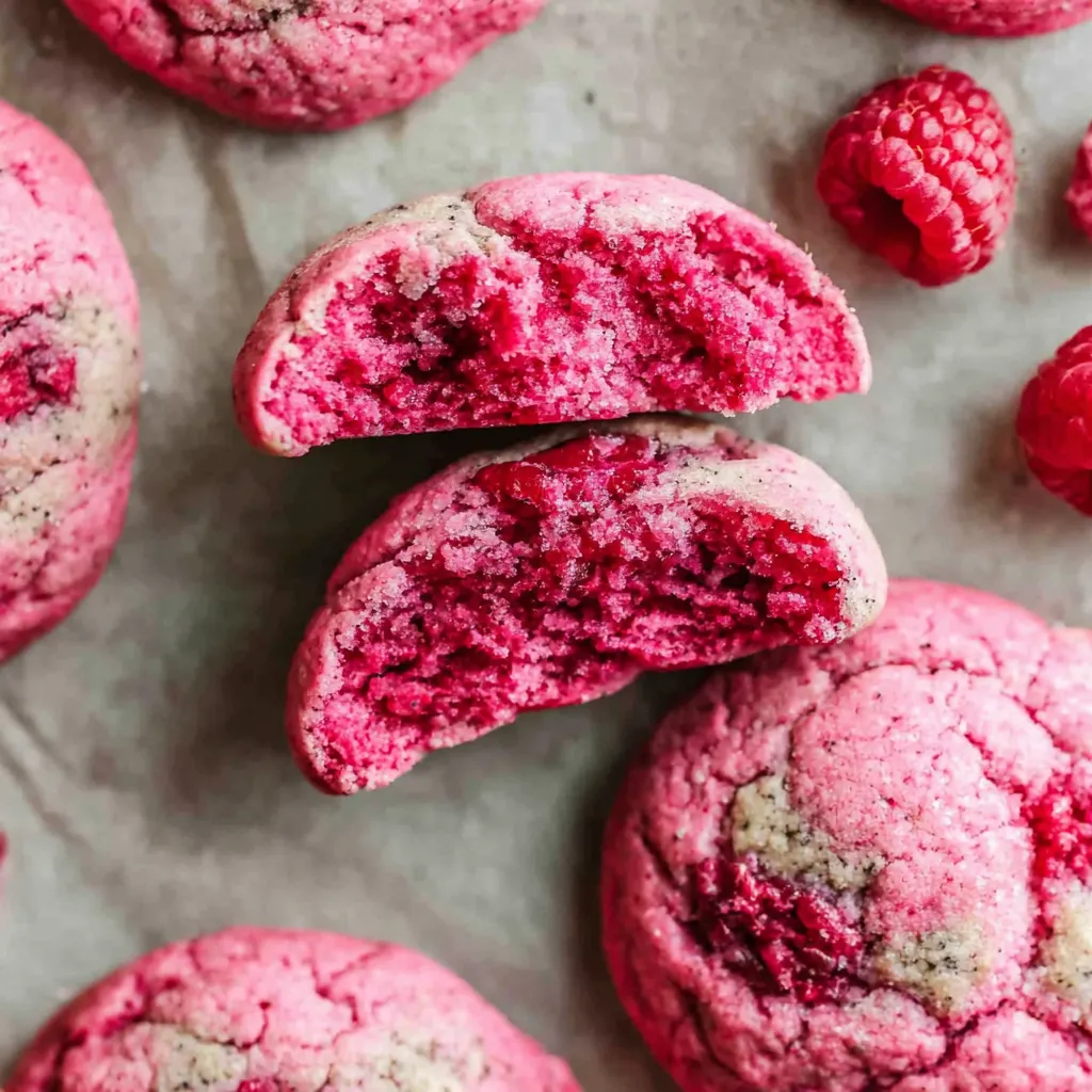 A pink cookie with a raspberry on top.