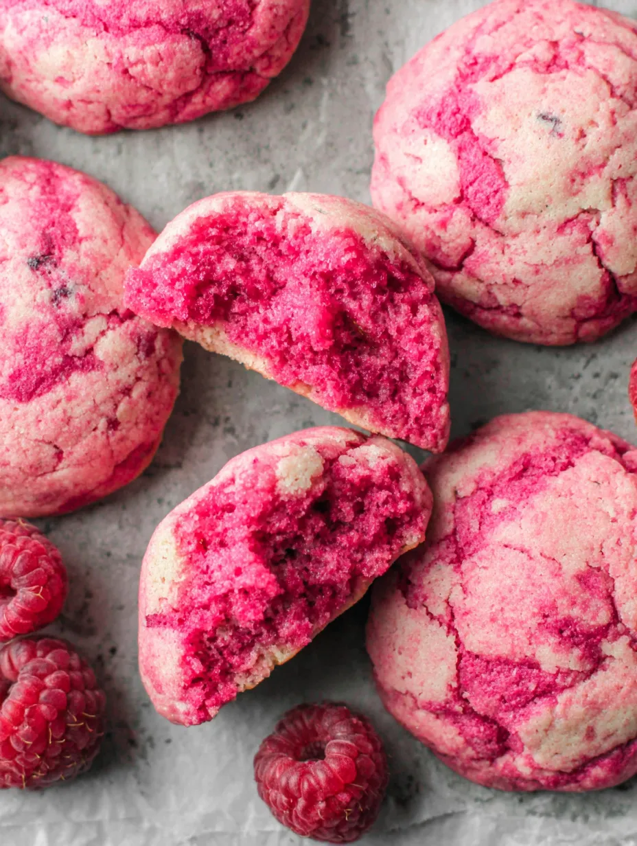 A pink cookie with a raspberry on top.