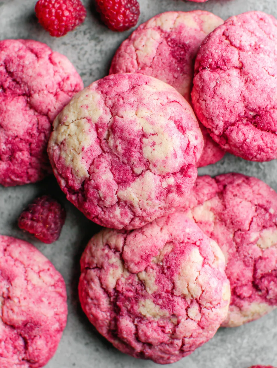 A pink cookie with a red raspberry on top.