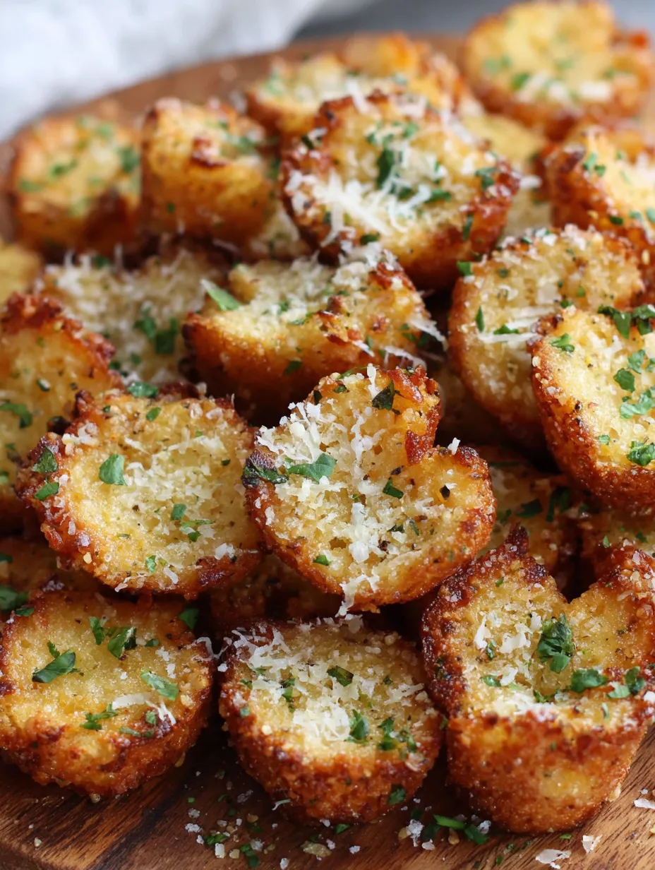 Garlic bread bits on a wooden table.