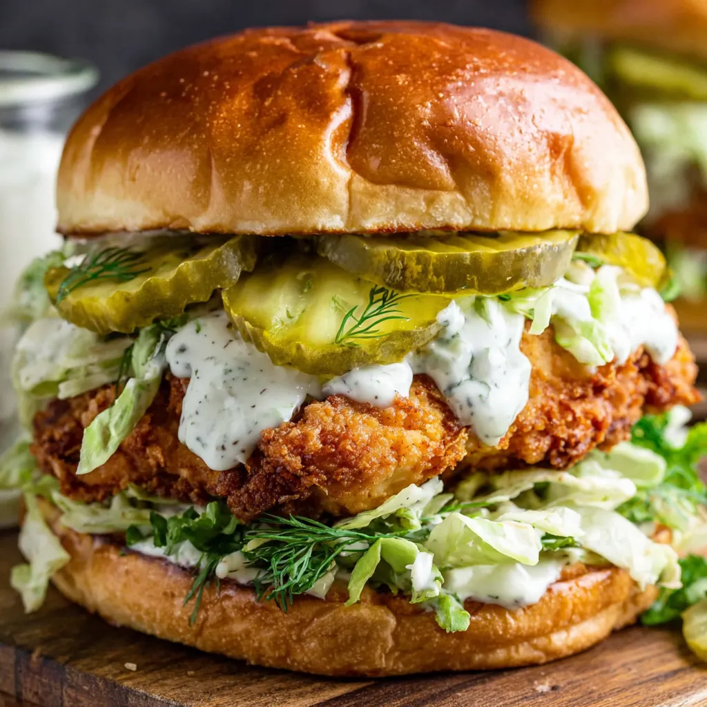 A crispy dill chicken sandwich with lettuce and pickles.