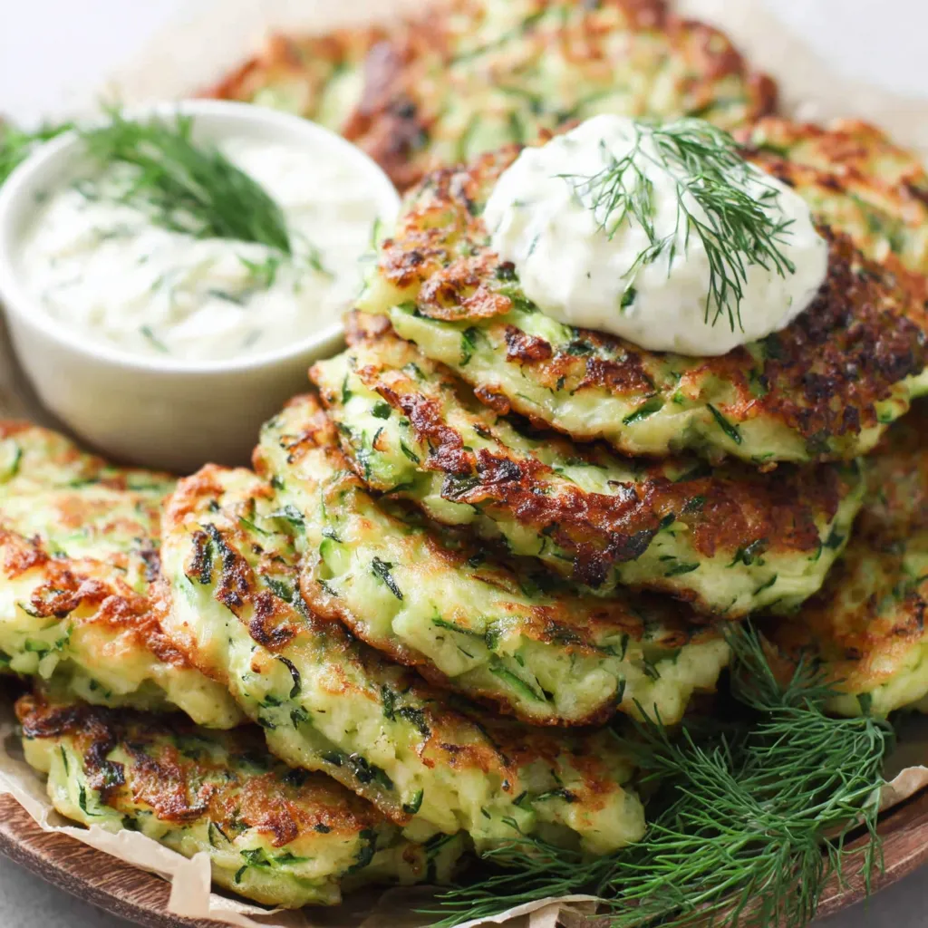 A stack of Kolokithokeftedes, a Greek zucchini fritter.