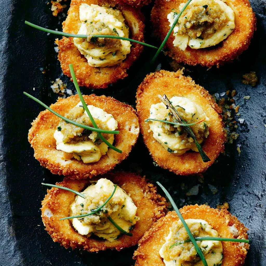 Fried deviled eggs on a plate.