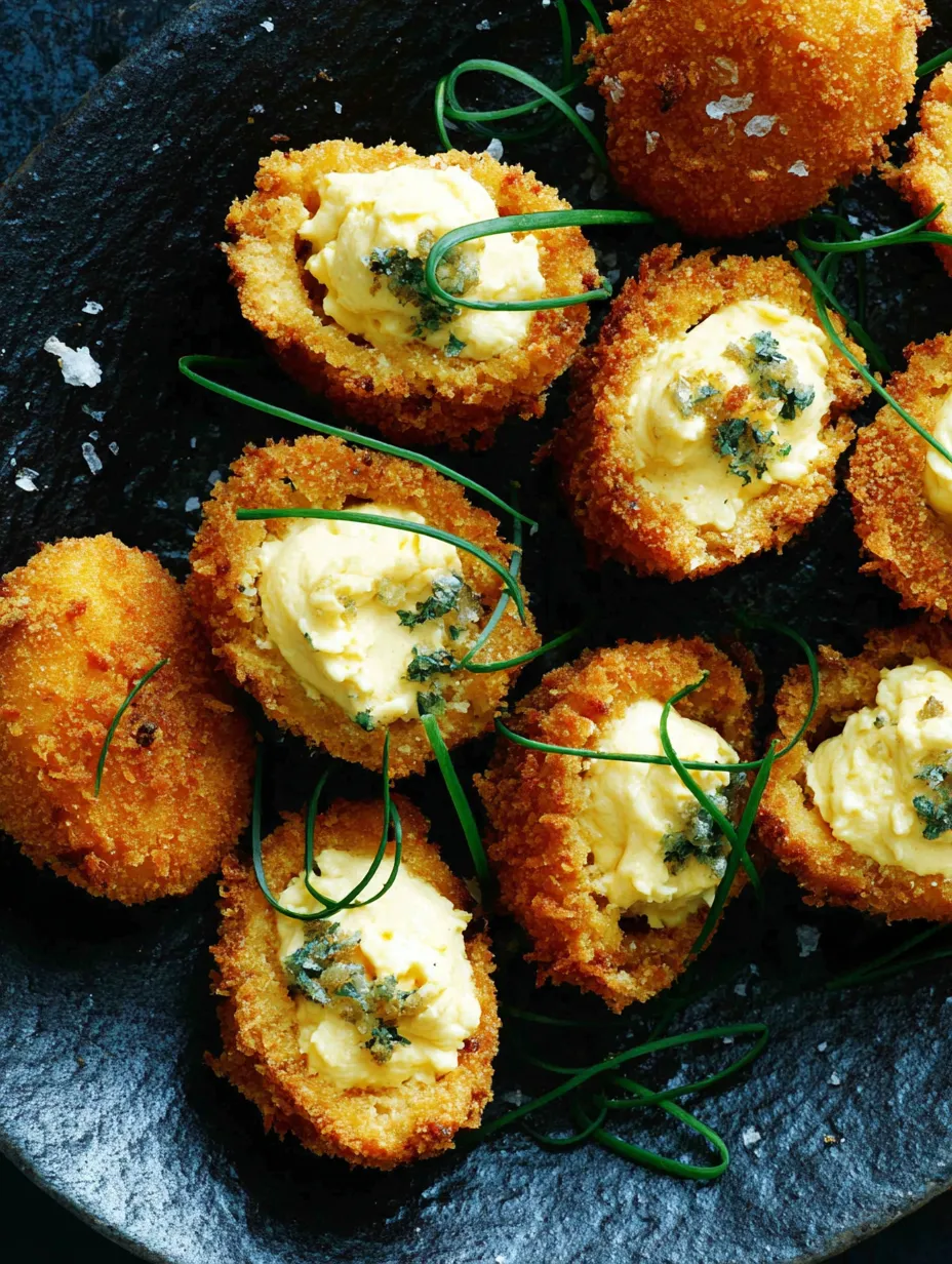 Fried deviled eggs on a plate.