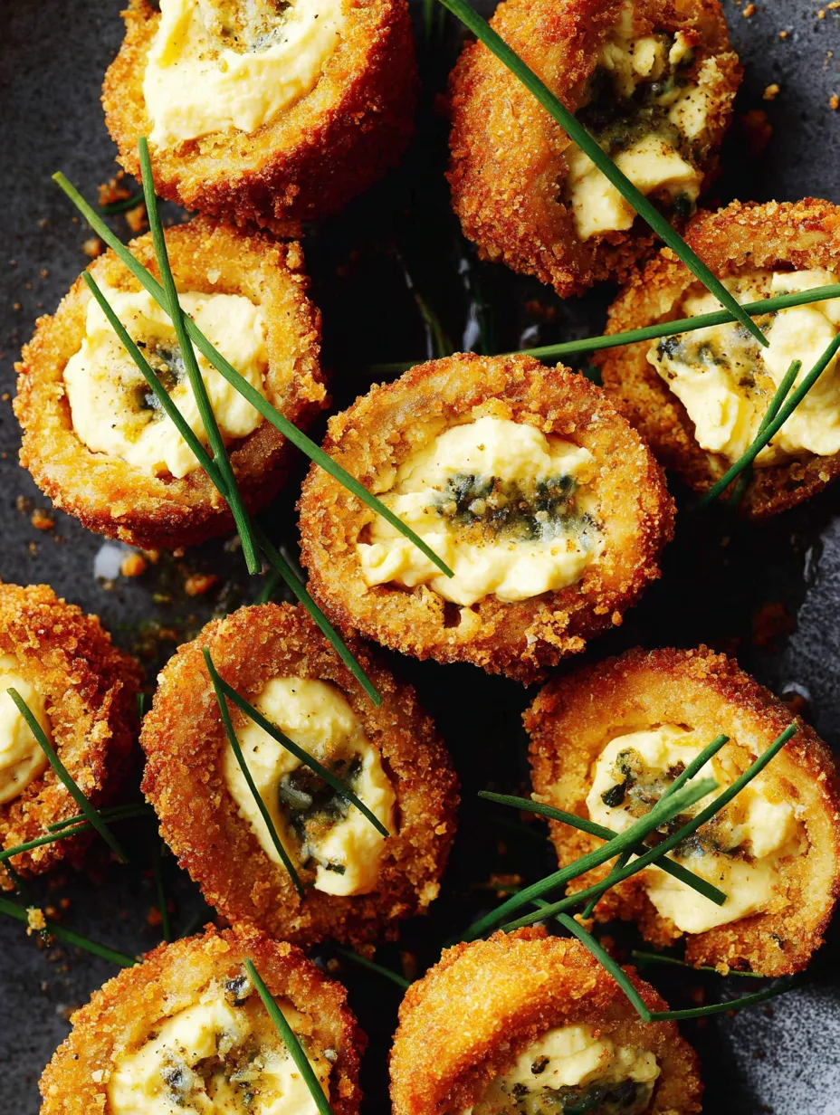 Fried deviled eggs with a green garnish.