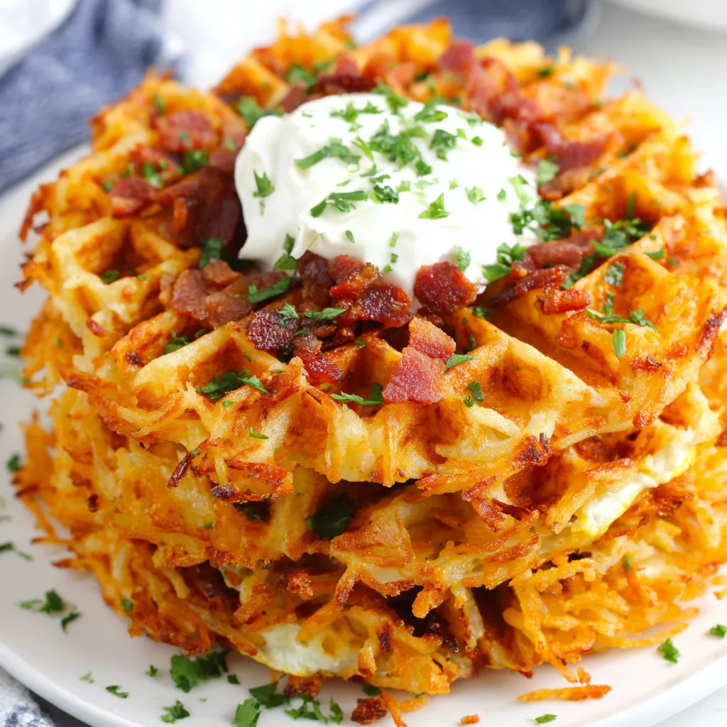 Bacon and cheese loaded hashbrown waffles.