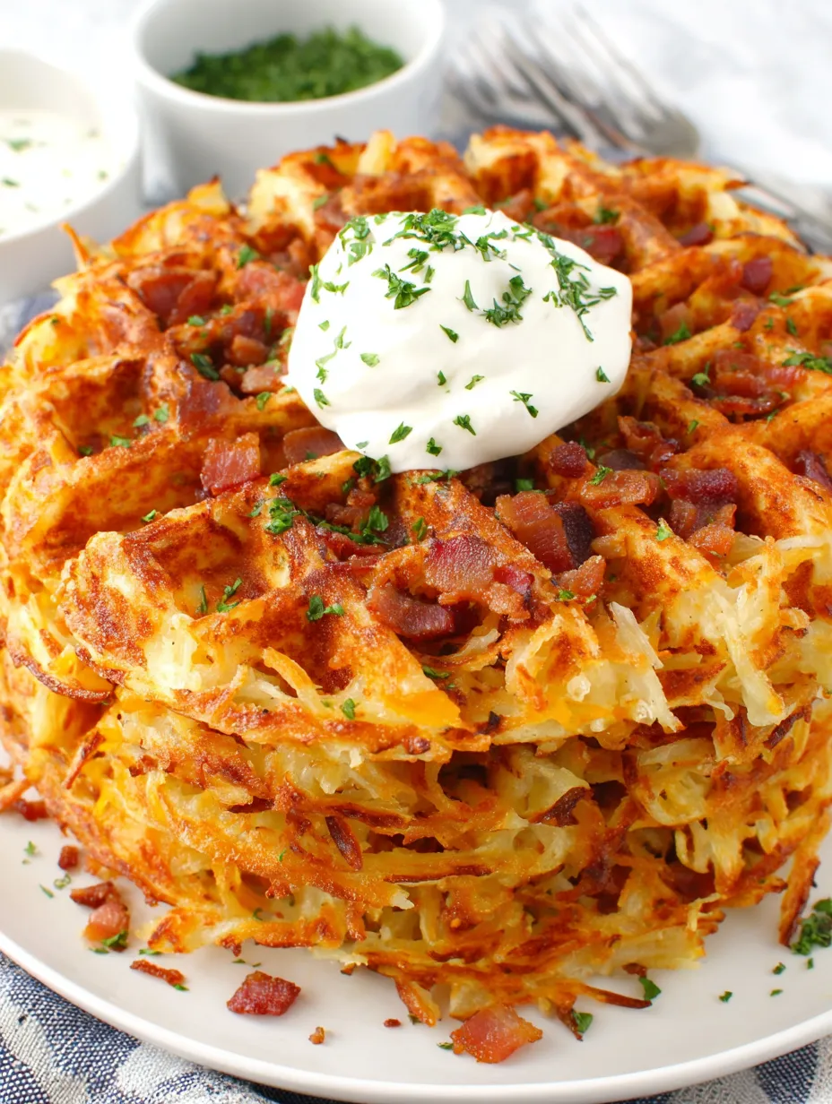 A plate of bacon and cheese loaded hashbrown waffles.