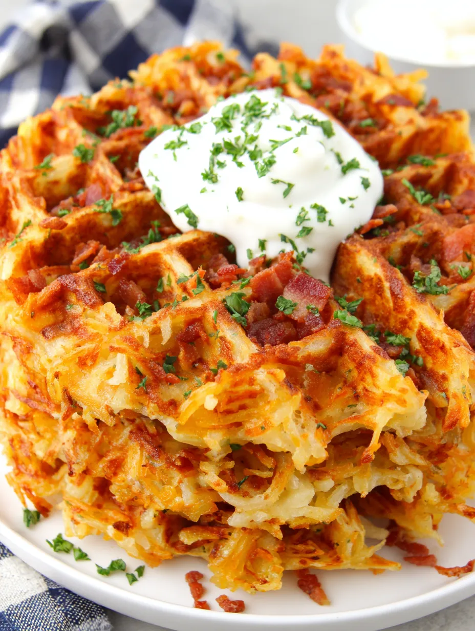 A plate of bacon and cheese loaded hashbrown waffles.