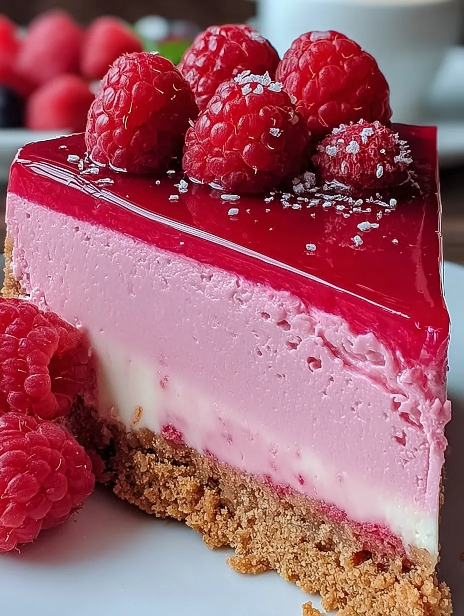 A slice of luxurious pink velvet raspberry cheesecake.