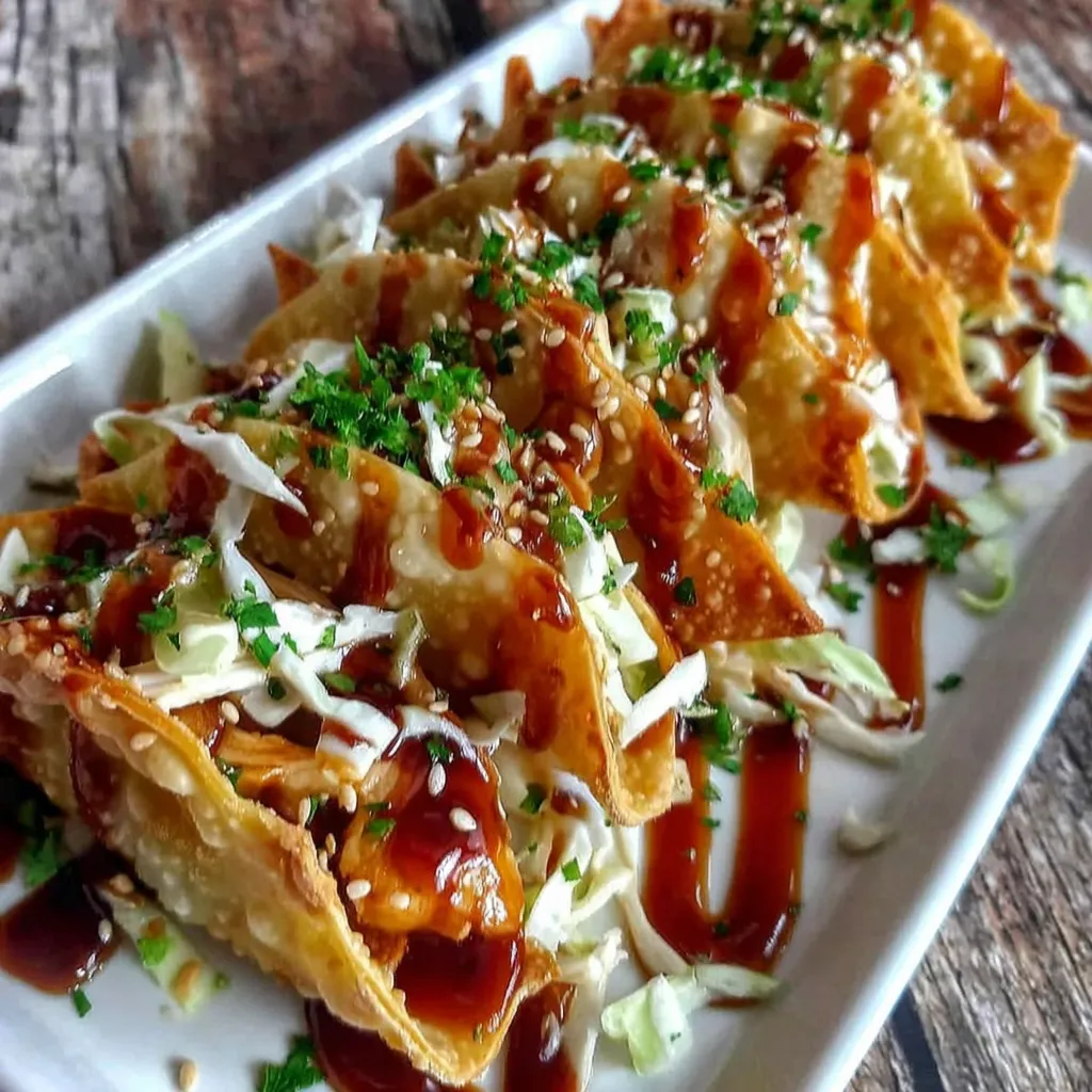 A plate of chicken wonton tacos with sauce.