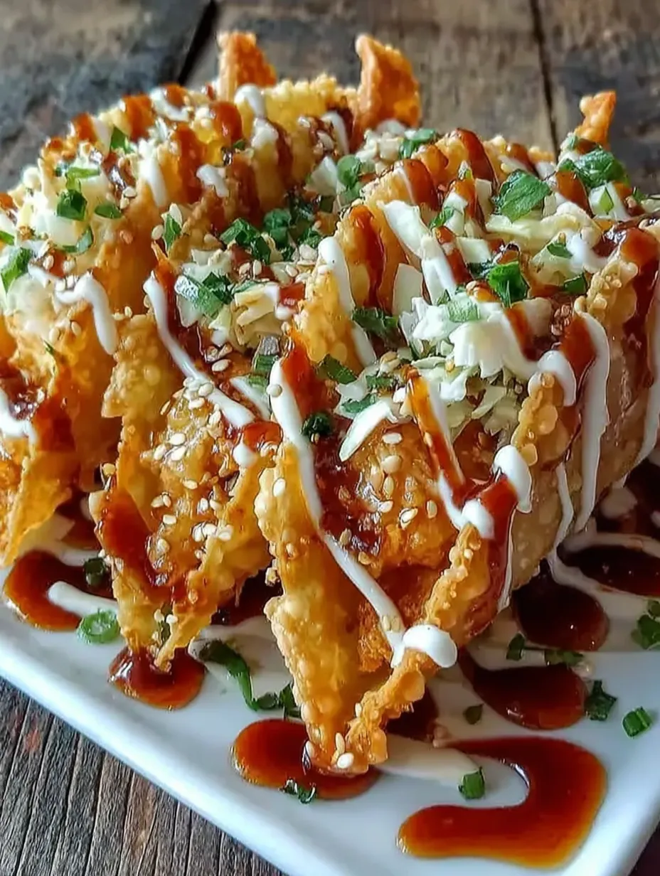 A plate of food with a sauce drizzled over it.