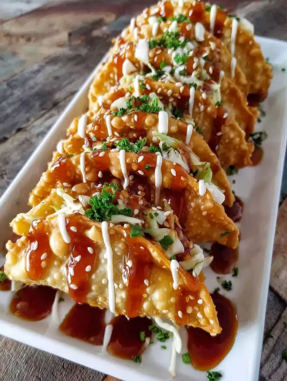 A plate of chicken wonton tacos with sauce.
