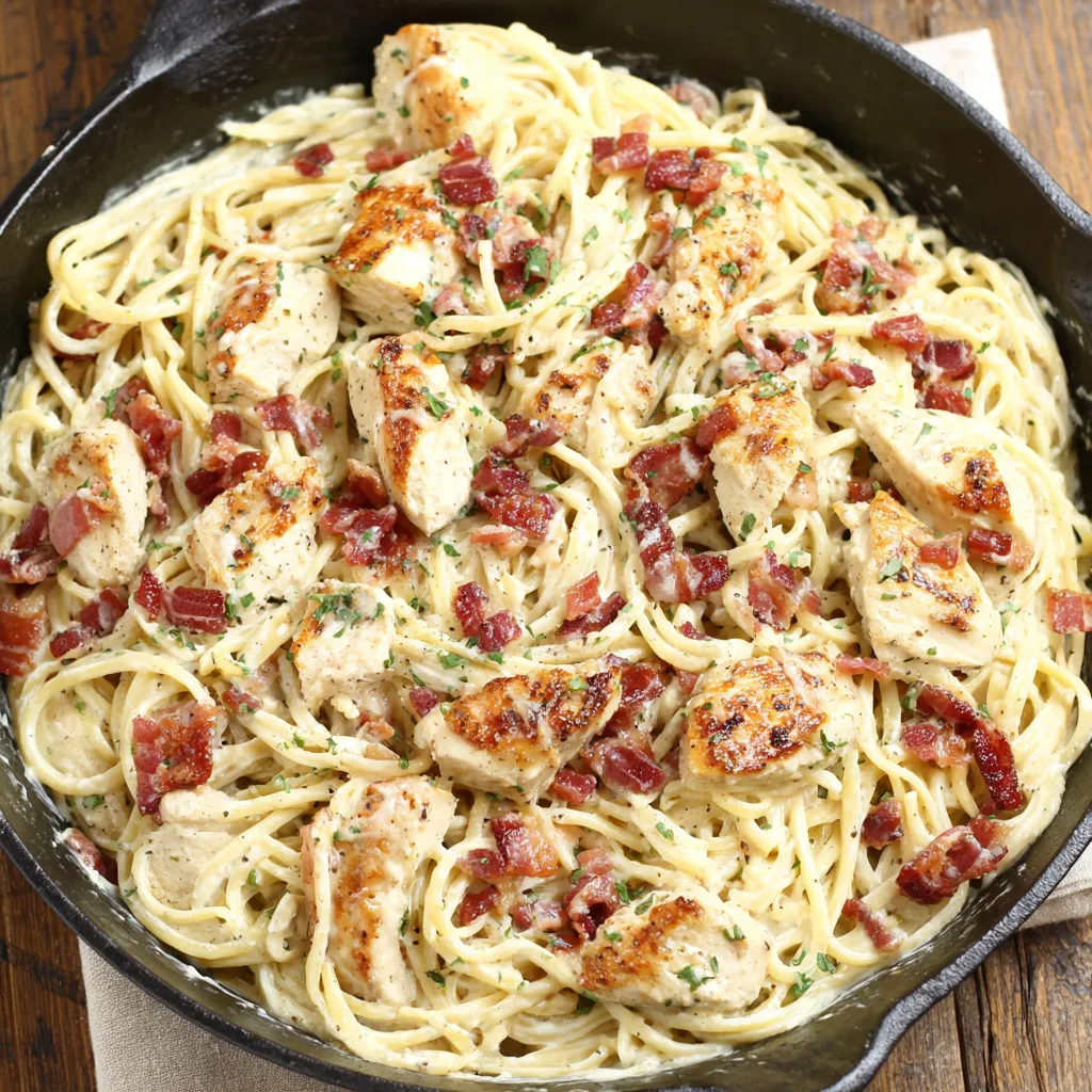 A pan of cream cheese bacon chicken pasta.