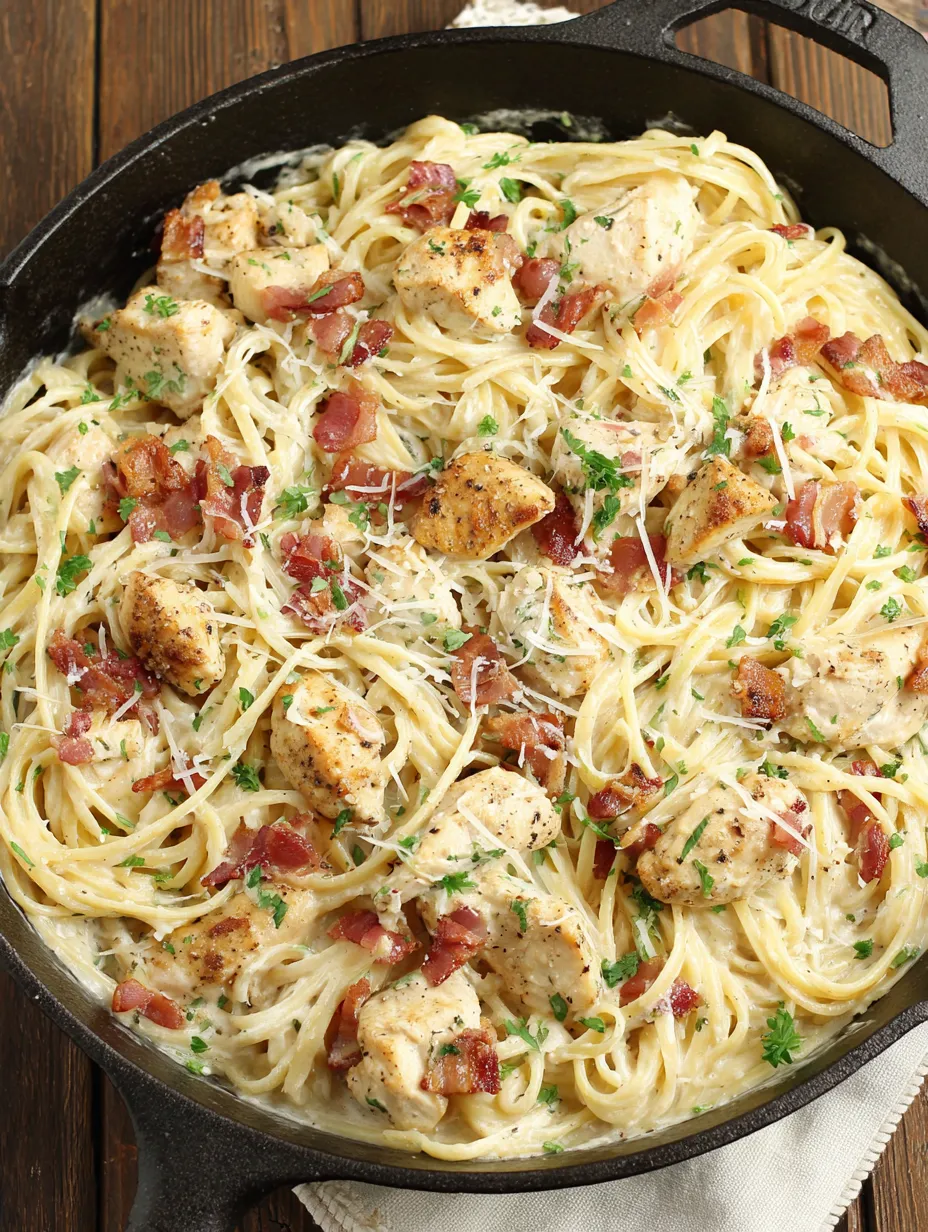 A dish of cream cheese bacon chicken pasta.