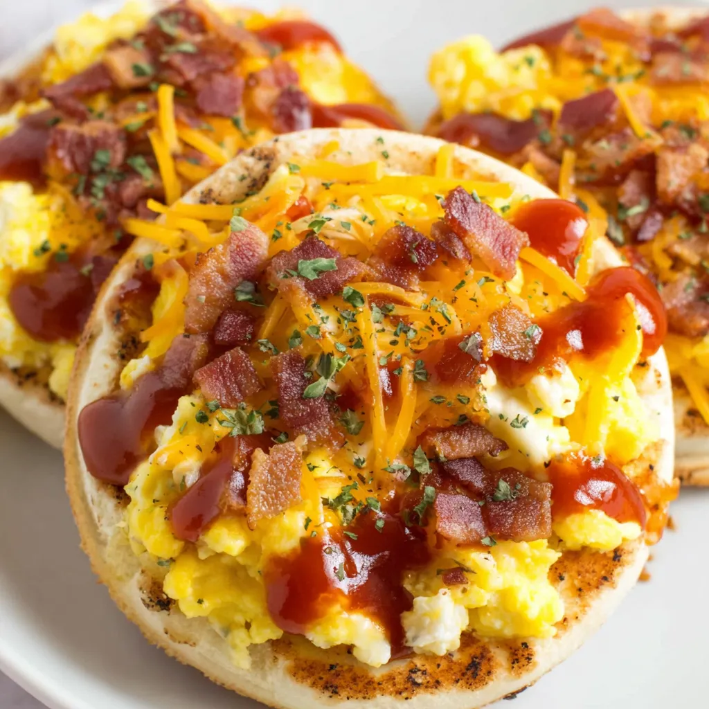 English muffin breakfast pizzas with cheese and bacon.