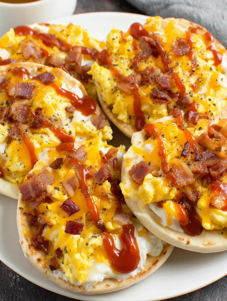 English muffin breakfast pizzas with cheese and bacon.