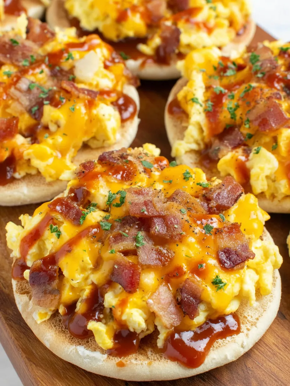 English muffin breakfast pizzas with cheese and bacon.
