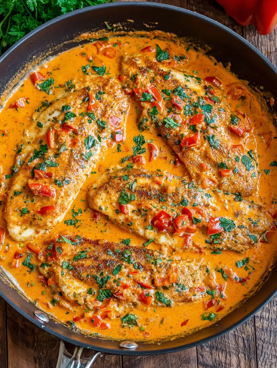 A pan of tilapia in roasted pepper sauce.