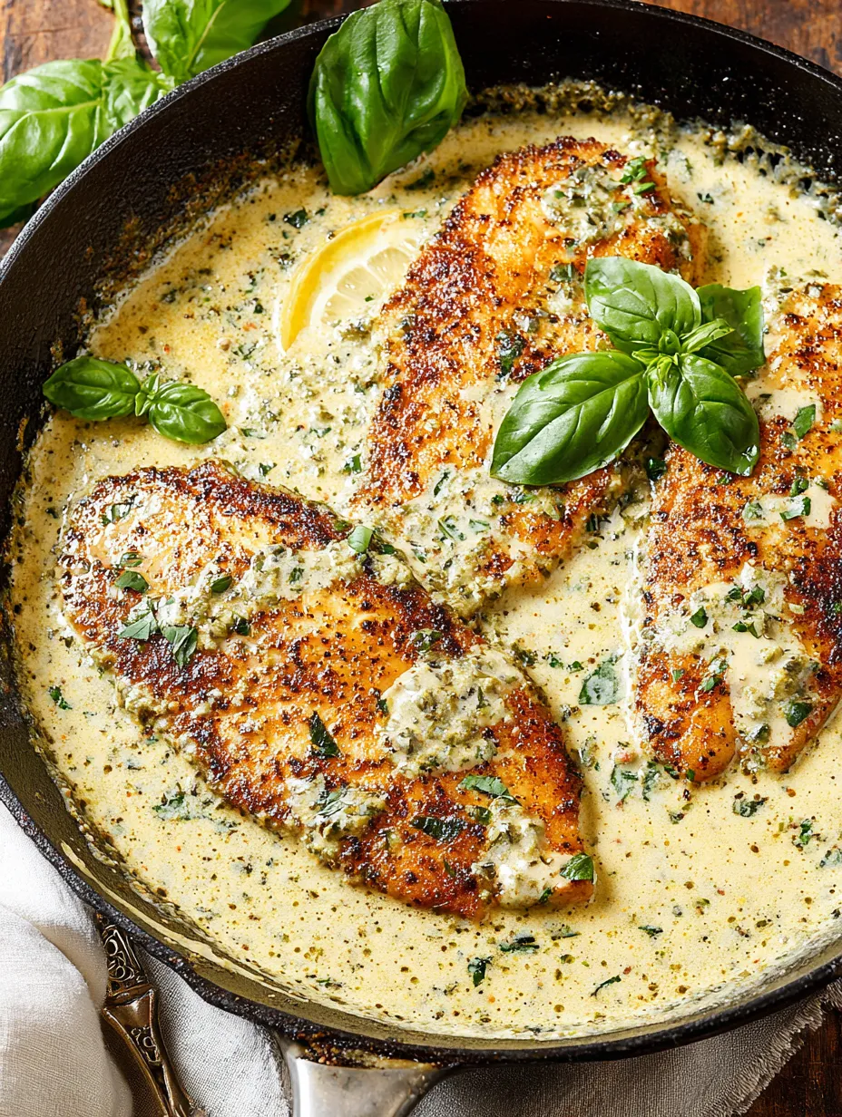 Pan fried tilapia with pesto cream sauce.