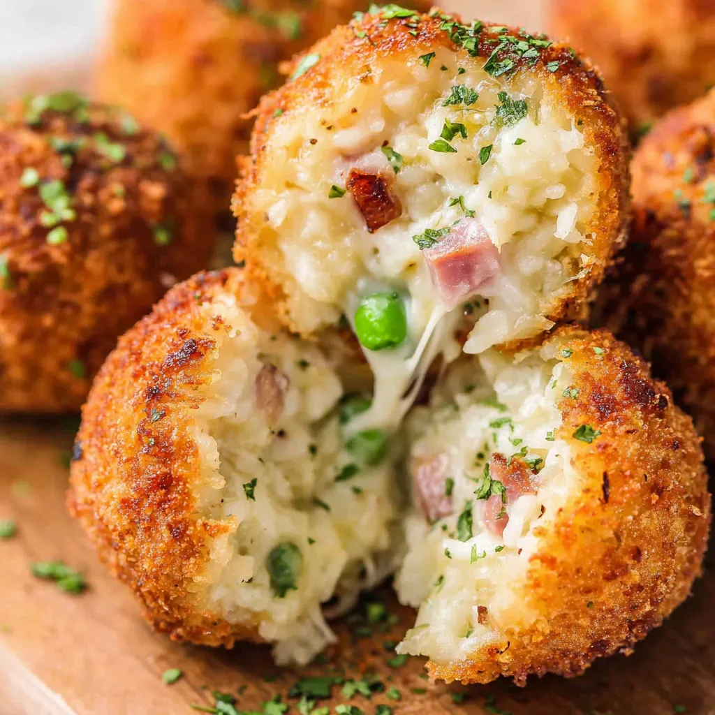 A plate of rice balls with cheese and peas.