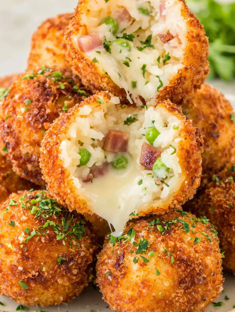 A plate of rice balls with cheese and peas.