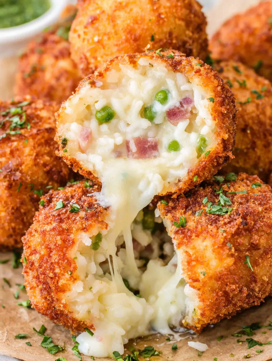 A close up of a cheesy arancini rice ball.
