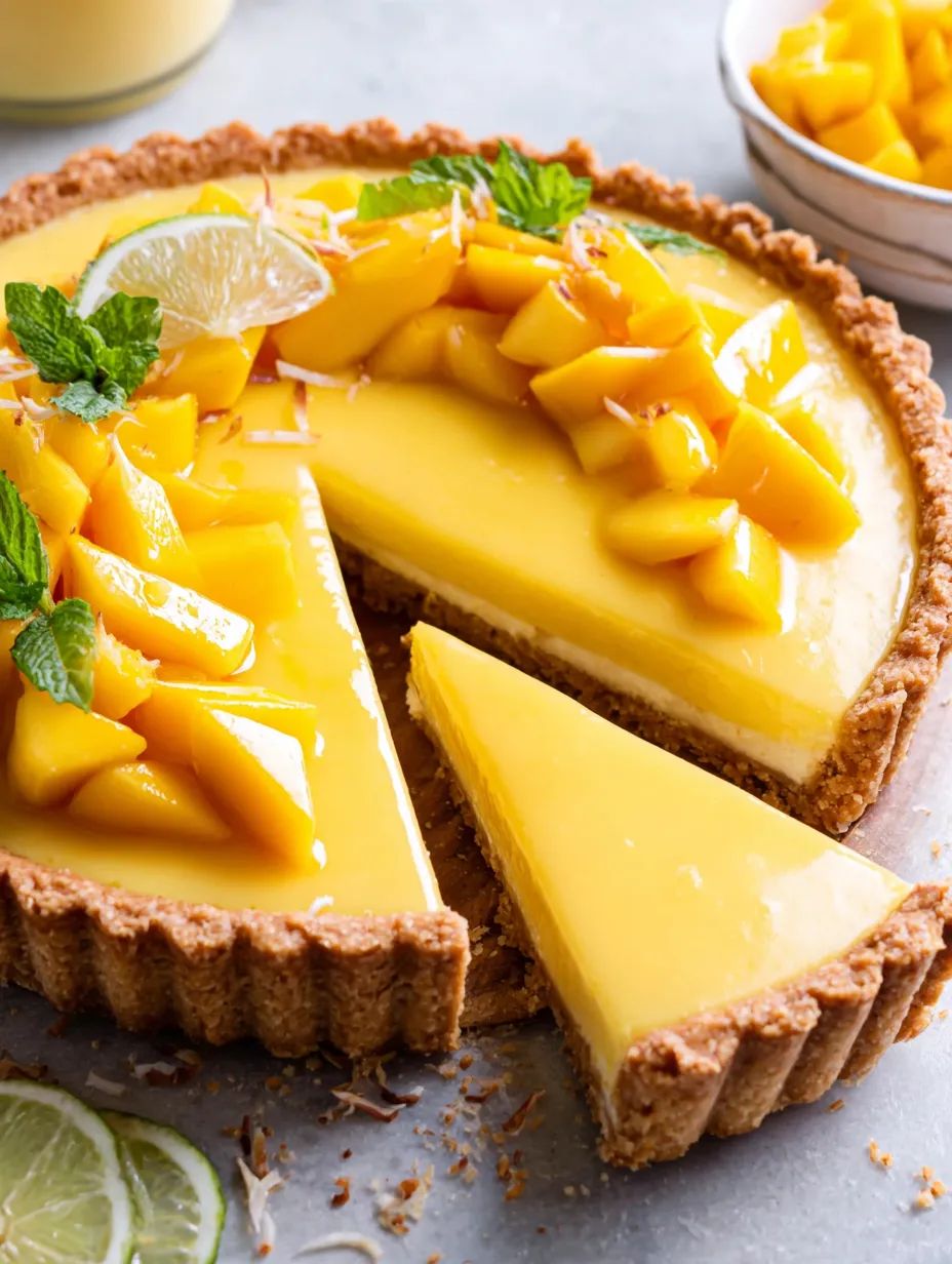 A slice of a mango curd tart.