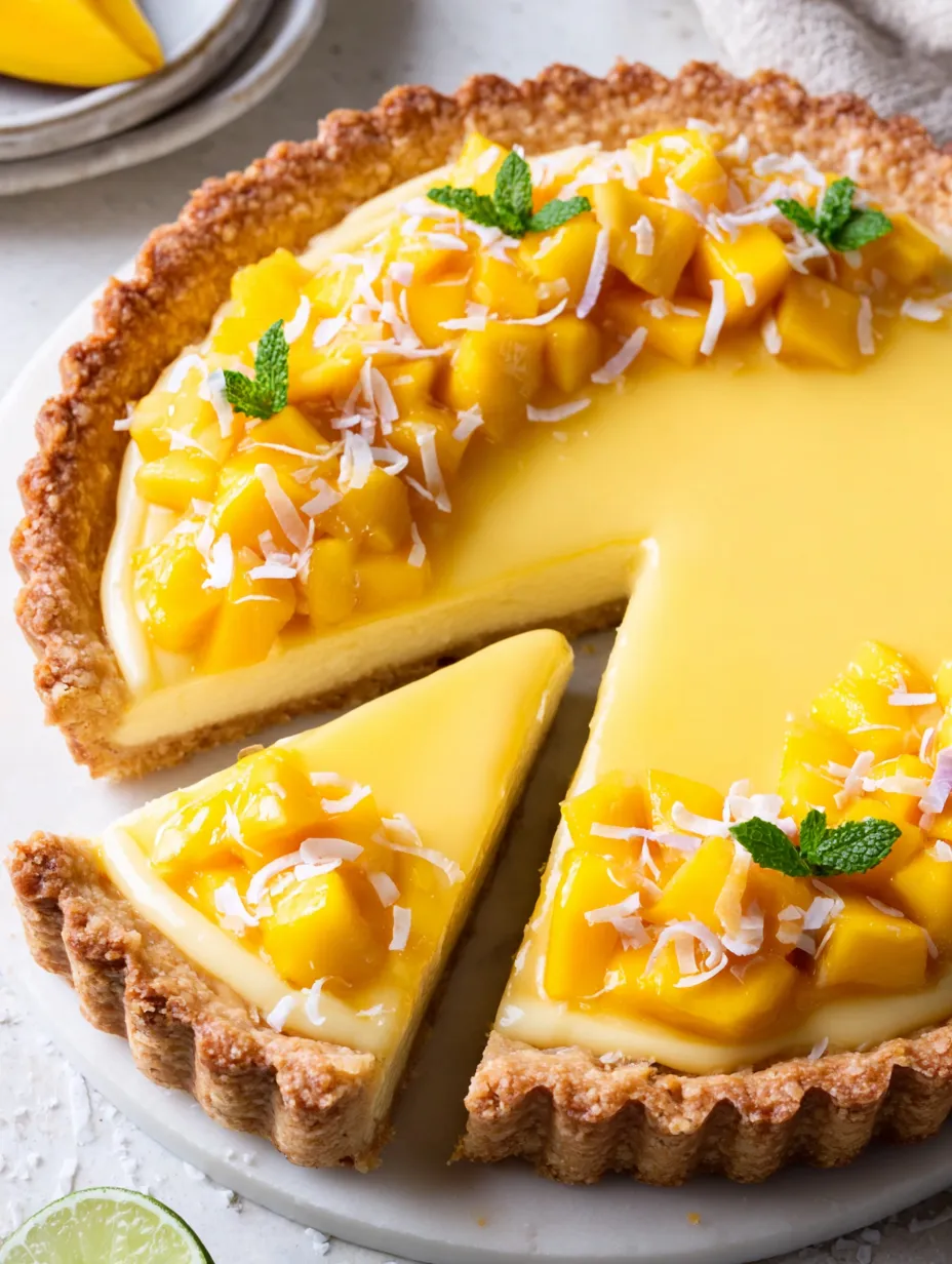 A slice of mango curd tart.
