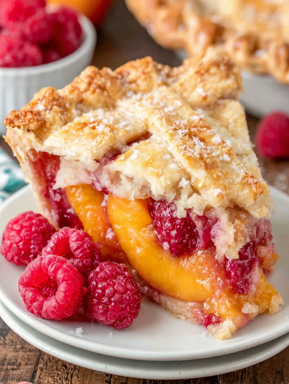A slice of raspberry peach pie on a plate.