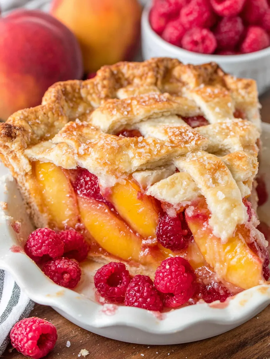 A slice of raspberry peach pie.