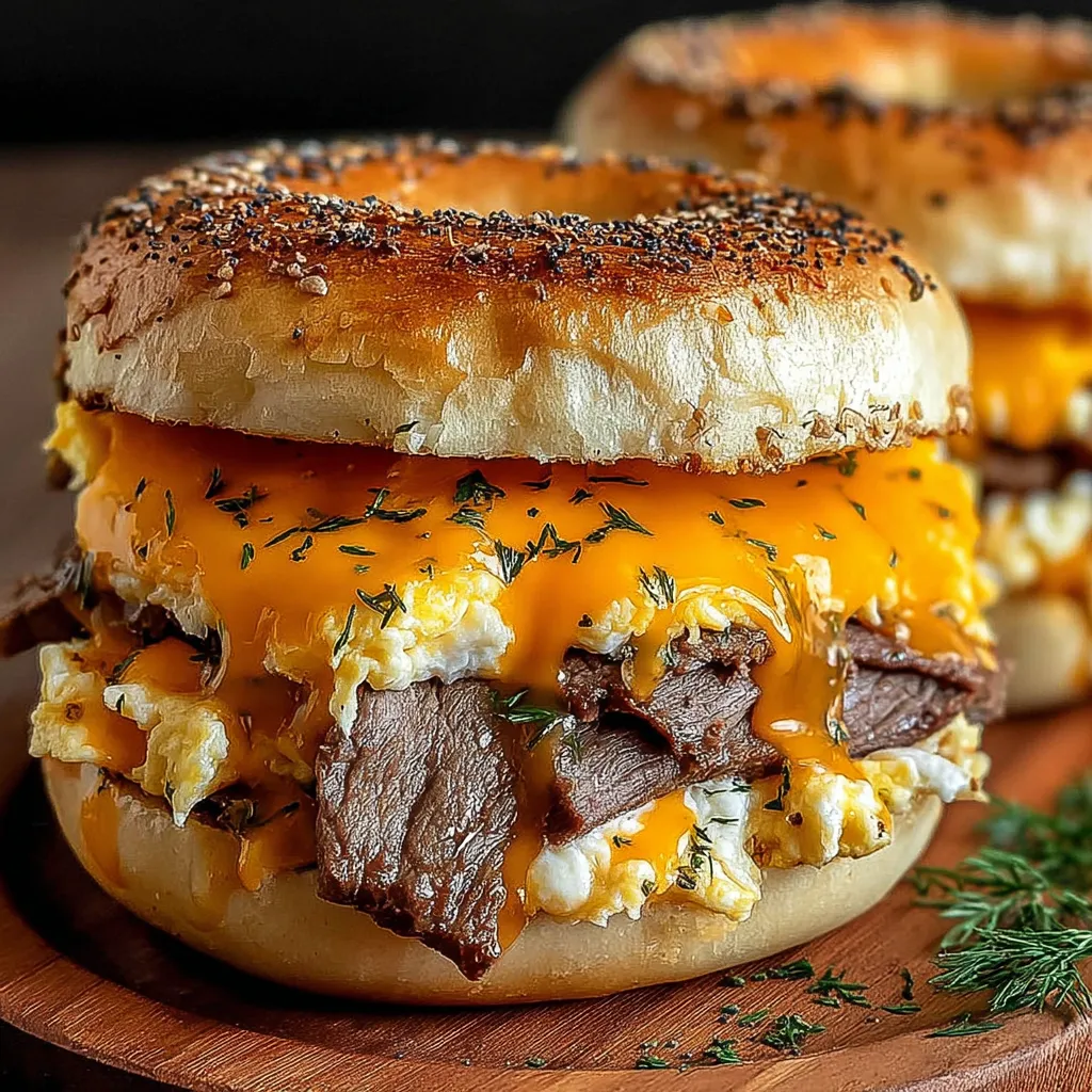 A steak egg cheese bagel sandwich.